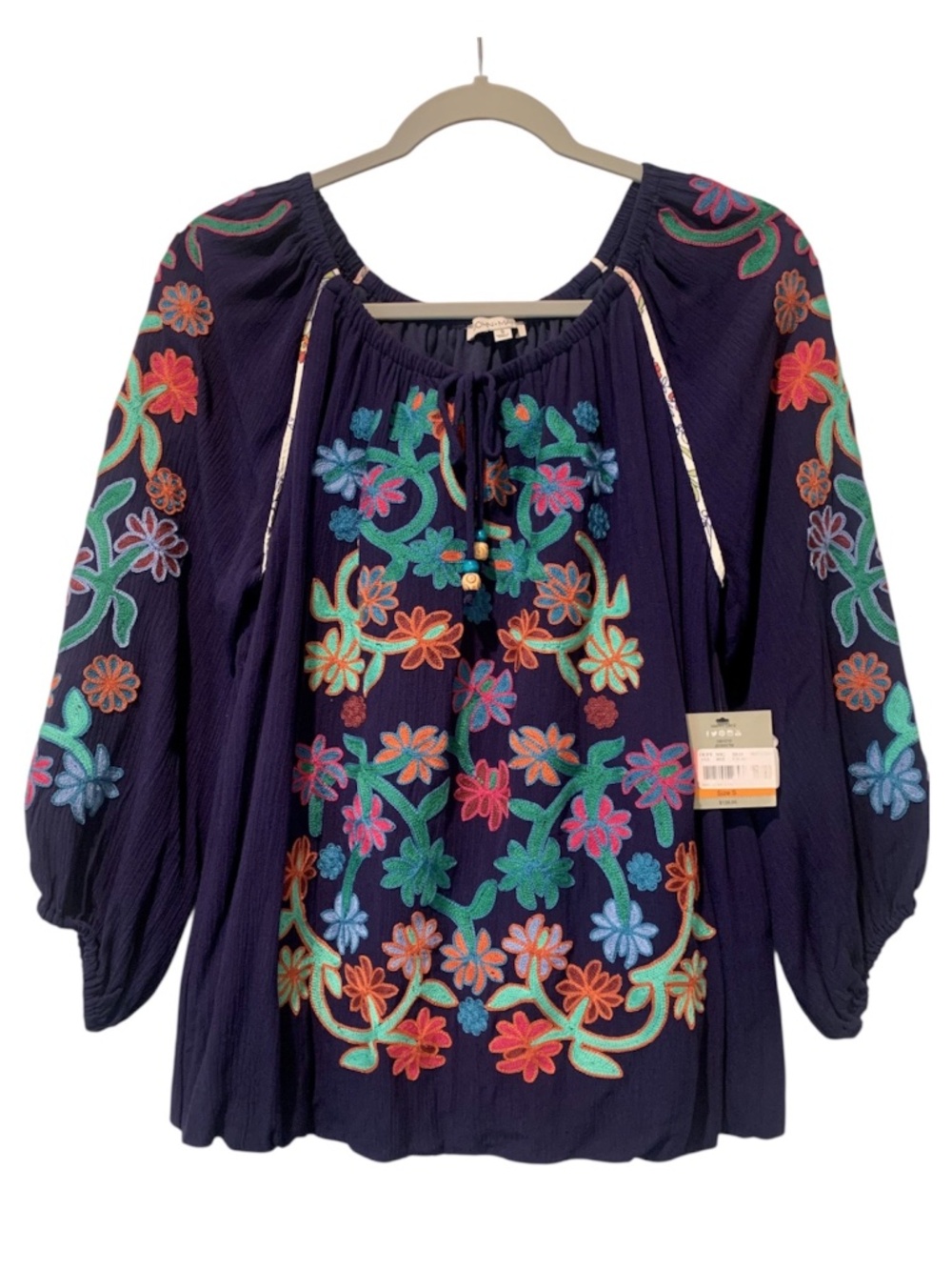 John Mark NWT Embroidered Floral Navy Blue Top Bohemian Peasant Blouse Small S